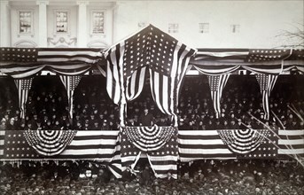U.S. President Grover Cleveland in Reviewing Stand in front of the White House during his Inauguration, Washington DC, USA, Photograph by J.F. Jarvis, March 4, 1885