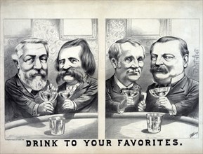 Composite of Two Caricatures of James G. Blaine and John A. Logan toasting each other, and of Grover Cleveland and Thomas A. Hendricks toasting each other, 1884 U.S. Presidential Election Campaign, Ar...