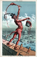 "To Begin With, I'll Paint the Town Red", Political Cartoon featuring a Devil holding a bucket labeled "Bourbon Principles" and a paintbrush, which appears a profile caricature of Grover Cleveland, ar...