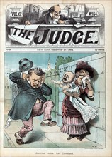 "Another Voice for Cleveland", Political Cartoon featuring, U.S. President Grover Cleveland with Woman Holding Crying Baby", artwork by Frank Beard, Judge Magazine, September 27, 1884