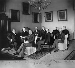 U.S. President Grover Cleveland with Members of his cabinet, L-R: Grover Cleveland, John Carlisle, Secretary of the Treasury; Richard Olney, Secretary of State; Judson Harmon, Attorney General; Hilary...