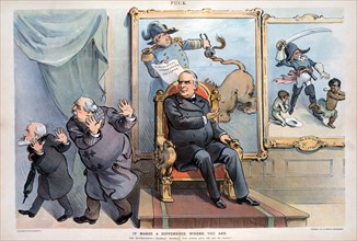 "It Makes a Difference Where you Are", Political Cartoon featuring President William McKinley sitting on Chair with two Paintings Hanging on the Wall Illustrating the Foreign Policies of former Presid...