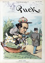 "Bryan's Hobby", Political Cartoon Featuring William Jennings Bryan as a horse racing jockey sitting on a rocking horse trying to catch Grover Cleveland, Artwork by John S. Pugh, Lithograph by J. Ottm...