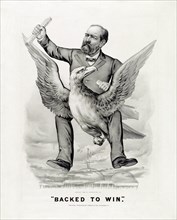 "Backed to Win", Cartoon showing James A. Garfield riding on back of eagle and holding up scroll "Republican nomination" above White House, Lithograph, Currier & Ives, 1880