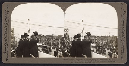 President Roosevelt, with the Mayor of Canton and the Governor of Ohio, Reviewing Parade on McKinley Memorial Day, Canton, Ohio, USA, Stereo Card, Standard Scenic Company, September 30, 1907