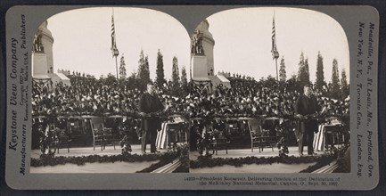 President Roosevelt delivering an oration after the unveiling of the McKinley statue, Canton, Ohio, USA, Stereo Card, Keystone View Company, September 30, 1907