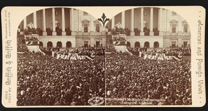 President McKinley Delivering his Inaugural Address, U. S. Capitol, Washington DC, USA, Stereo Card, Griffith & Griffith, March 4, 1897