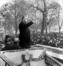 U.S. President William McKinley Speaking to Crowd, Quincy, Illinois, USA, Single Image of Stereo Card, Underwood & Underwood, 1900