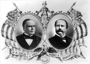 William McKinley and Garret A. Hobart, Head and Shoulders Portrait in Ovals Bordered with American Flags with Uncle Sam, Presidential Election Banner, 1896