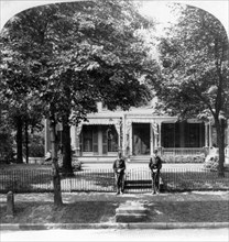 Home of William McKinley with 2 Guards at Gate, Canton, Ohio, USA, Single Image of Stereo Card, Underwood & Underwood, 1901