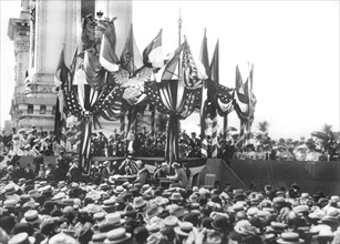 U.S. President William McKinley Delivering Address to Crowd from Flag-Draped Stand, Pan-American Exposition in Buffalo, New York, USA, Photograph by C.D. Arnold, September 5, 1901