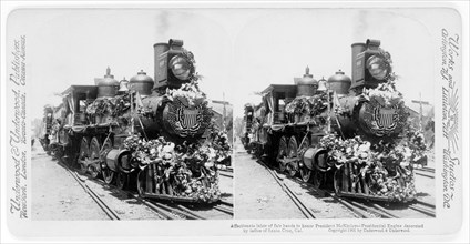 Affectionate Labor of Fair Hands to honor President McKinley--Presidential Engine Decorated by Ladies of Santa Cruz, Cal., Stereo Card, Underwood & Underwood, 1901