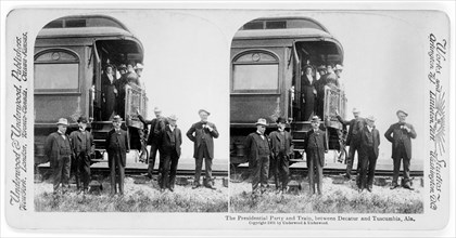 The Presidential Party and Train, between Decatur and Tuscumbia, Alabama, USA, President McKinley with others at Back of Train, Stereo Card, Underwood & Underwood, 1901