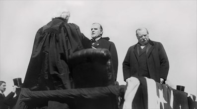 Chief Justice Melville Weston Fuller Administering Oath of Office to President William McKinley, Former President Grover Cleveland on Right, U.S. Capitol, Washington DC, USA, March 4, 1897