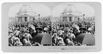Crowds at the Temple of Music where President McKinley was Assassinated, Pan American Exposition, Stereo Card, Photographed and Published by B.W. Kilburn, 1901