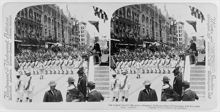 Los Angeles' beautiful reception to President McKinley - State militia armed with freedom's flag, California, Stereo Card, Underwood & Underwood, 1901