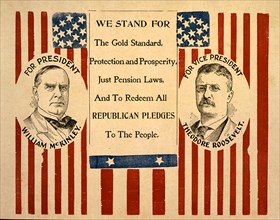 Campaign Poster for William McKinley and Theodore Roosevelt, with head-and-shoulders portraits of each, on United States flags, Lithograph, 1900