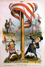 "Take Your Choice", William McKinley raising U.S. flag in the Philippines, and William Jennings Bryan chopping it down, with U.S. flags flying over Puerto Rico and Cuba, as Uncle Sam and another man w...