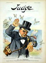 "Hit Him Hard!", U.S. President William McKinley about to swat "insurgent Aguinaldo," a Mosquito, as other "Insurgent" Mosquitoes prepare to attack him, Political Cartoon, Artwork by Grant Hamilton, J...