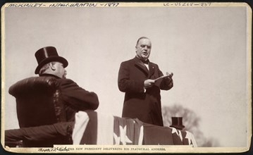 The New President Delivering his Inaugural Address, William McKinley Speaking as former President Grover Cleveland, Seated, Listens, Washington DC, USA, March 4, 1897