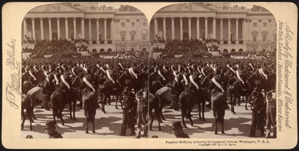 President McKinley delivering his inaugural address, Washington, USA, Stereo Card, John F. Jarvis, March 4, 1897