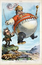 "Another Explosion at Hand", Political Cartoon Featuring William Jennings Bryan, using  hot-air from his "Speeches", to inflate a Large Balloon Labeled "Imperialism", of President William McKinley Dre...