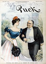 "Inaugural ball, March 4th, 1901 - Engaged for Another Dance", Political Cartoon Featuring President William McKinley and Columbia, arm-in-arm, Heading for the Inaugural Ball, Artwork by Udo J. Kepple...
