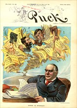 "Honor to McKinley", Political Cartoon Featuring U.S. President William McKinley and Editors of Yellow Journalism Newspapers Joseph Pulitzer and William Randolph Hearst, Puck Magazine, Artwork by Udo ...