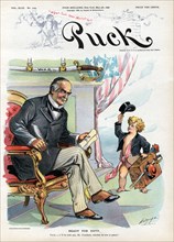 "Ready for Duty", Political Cartoon featuring Puck offering his Services to U.S. President William McKinley with a Sword labeled "War" Hanging on Wall, Puck Magazine, Artwork by Louis Dalrymple, Publi...