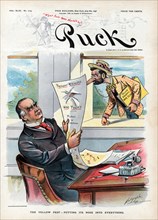"The Yellow Pest - Putting its Nose into Everything", Political Cartoon featuring U.S. President William McKinley and a man, Possibly Joseph Pulitzer, carrying Sheets of Paper labeled "Yellow Journal ...