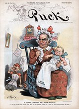 "A Painful Position for Nurse McKinley", Political Cartoon, Puck Magazine, Artwork by Frederick Burr Opper, Published by Keppler & Schwartzmann, September 2, 1896