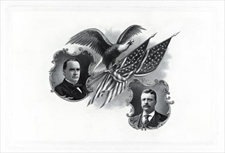 Head and Shoulders Portraits of William McKinley and Theodore Roosevelt with Eagle and two U.S. Flags, Campaign Poster, Engraving, 1900