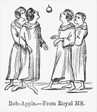 Bob-Apple, from Royal MS, Small Group of Men Bobbing for an Apple, Illustration from John Cassell's Illustrated History of England, Vol. I from the earliest period to the reign of Edward the Fourth, C...