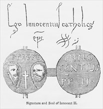 Signature and Seal of Innocent II, Illustration from John Cassell's Illustrated History of England, Vol. I from the earliest period to the reign of Edward the Fourth, Cassell, Petter and Galpin, 1857