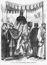 The Pope conducted by the Kings of France and England, Illustration from John Cassell's Illustrated History of England, Vol. I from the earliest period to the reign of Edward the Fourth, Cassell, Pett...
