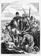 John kneeling for forgiveness before his brother Richard, Illustration from John Cassell's Illustrated History of England, Vol. I from the earliest period to the reign of Edward the Fourth, Cassell, P...