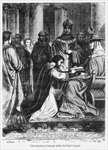 John kneeling in homage before the Pope’s Legate, Illustration from John Cassell's Illustrated History of England, Vol. I from the earliest period to the reign of Edward the Fourth, Cassell, Petter an...