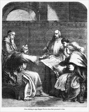 John refusing to sign Magna Charta when first presented to him, Illustration from John Cassell's Illustrated History of England, Vol. I from the earliest period to the reign of Edward the Fourth, Cass...