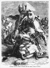 Combat between Prince Edward and the Baron Adam Gourdon, Illustration from John Cassell's Illustrated History of England, Vol. I from the earliest period to the reign of Edward the Fourth, Cassell, Pe...
