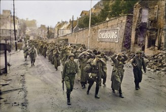 U.S. Troops Marching German Prisoners in Street, Battle of Cherbourg, Cherbourg, France, June 1944