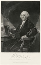 George Washington (1732-99), First President of the United States, Seated Portrait with Sword, Steel Engraving, Portrait Gallery of Eminent Men and Women of Europe and America by Evert A. Duyckinck, P...