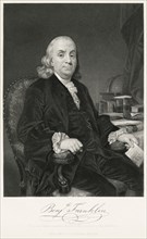 Benjamin Franklin (1706-90), American Printer, Publisher, Author, Inventor, Scientist, Diplomat and one of the Founding Fathers of the United States, Seated Portrait, Steel Engraving, Portrait Gallery...
