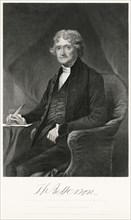 Thomas Jefferson (1743-1826), Third President of the United States, Seated Portrait, Steel Engraving, Portrait Gallery of Eminent Men and Women of Europe and America by Evert A. Duyckinck, Published b...