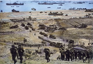 American Men and Equipment Moving in on Omaha Beach, Normandy, France, by U.S. Signal Corps, June 8, 1944