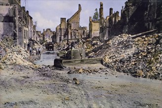 U.S. Army Tank Bulldozer Clearing Road Debris after Battle of Cherbourg, Cherbourg, France, June 1944