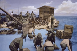 U.S. Marines with Captured Japanese Soldiers and Supplies, Battle of Tarawa, Tarawa Atoll, Gilbert Islands, November 1943