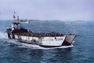 U.S. LCT(A) 2008 Navy Ship Loaded with U.S. Troops Heading toward Beachhead during Invasion of Normandy, Normandy, France, June 7, 1944