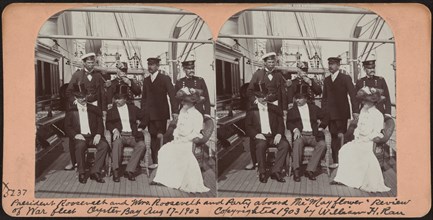 U.S. President Theodore Roosevelt (1st row center), Edith Roosevelt (1st row right) and Guests aboard Mayflower during Review of War Fleet, Oyster Bay, New York, USA, Stereo Card, William H. Rau, Augu...