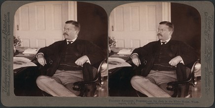 Theodore Roosevelt, President, at his desk in the White House, Washington, USA, Stereo Card, Underwood & Underwood, 1903