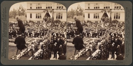 "American scholarship - capacity to do good original work" - President Roosevelt at Claremont, Cal., Stereo Card, Underwood & Underwood, 1903